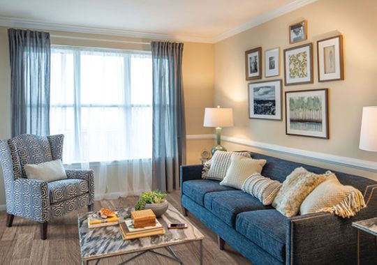 Comfortable and well-furnished living room in an Erickson Senior Living community apartment.
