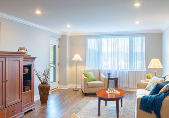 Comfortable and well-furnished living room in an Erickson Senior Living community apartment.