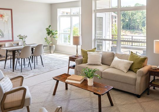 Comfortable sofa with wall painting and a modern dining area in an Erickson apartment.