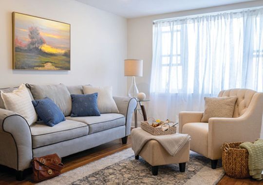 Comfortable sofa and chair with a wall painting in an Erickson apartment.