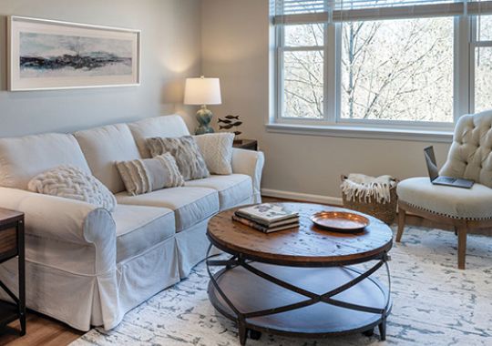 Comfortable sofa with plush cushions in a stylish living room of an Erickson Senior Living apartment.