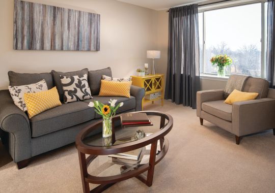 Wide shot of a nicely decorated, modern living room in an Erickson apartment.