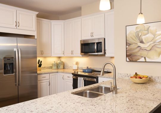 Bright kitchen with white cabinetry, granite countertops, stainless steel appliances, and pendant lighting.