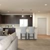 Combined living and dining area of a tastefully decorated apartment.