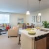 Wide shot of a bright and open living room, kitchen, and dining room in an Erickson apartment.