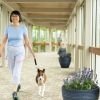 Older woman walking a small dog down a bright indoor hallway in a senior living community, with windows and potted plants along the corridor.