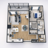 3D rendered apartment floor plan with open kitchen, living and dining area, one bedroom, two bathrooms, and balcony.