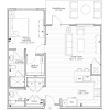 One-bedroom apartment floor plan with open living room, kitchen, primary bedroom, walk-in closet, two bathrooms, and patio.